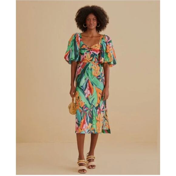 FARM Rio Dresses & Skirts - FARM Rio Multicolor Banana Foliage Puff Sleeve Midi Dress XS NEW